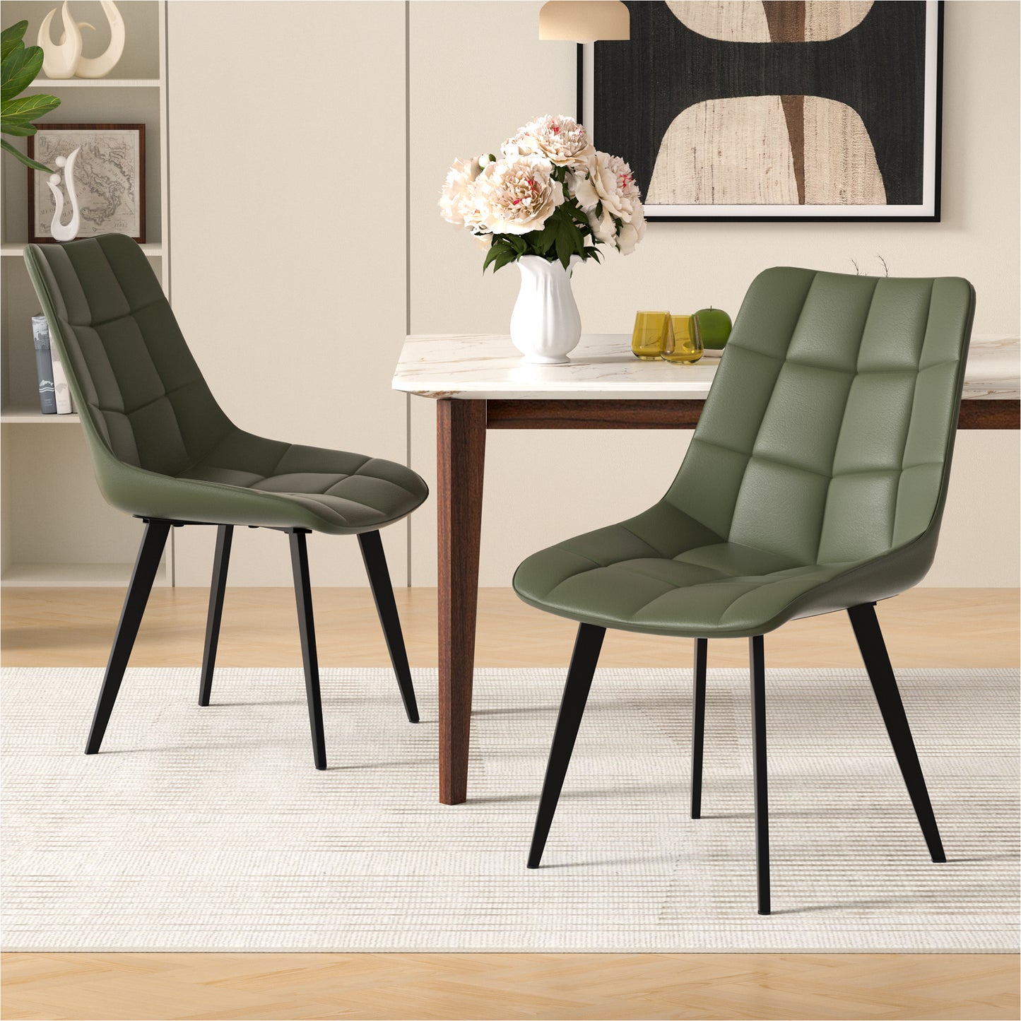 Forevich Leather Dining Chairs Set of 2,Mid Century Modern Upholstered Chair,Checkered Pattern Kitchen & Dining Room Chairs Set of 4 Armless with Black Metal Legs for Bedroom