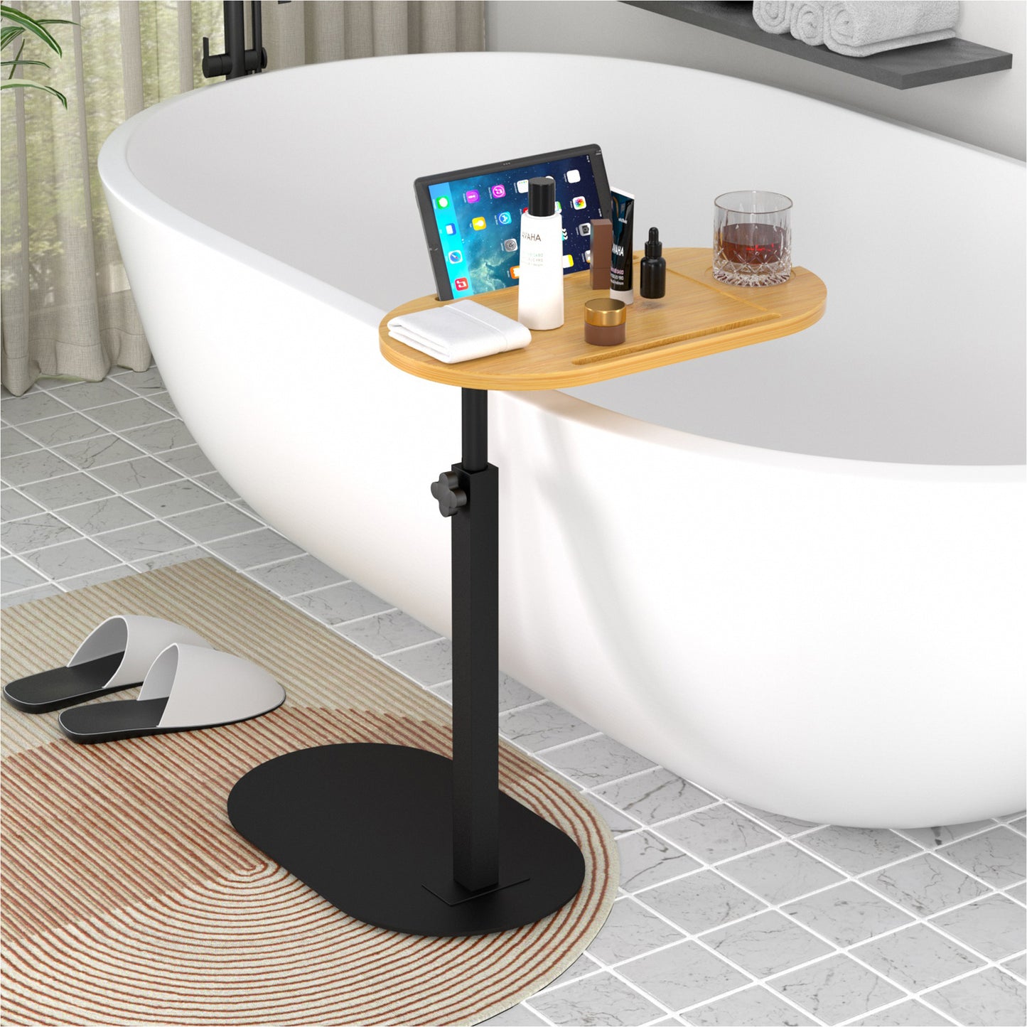 Forevich Bamboo Bathtub Tray Table Bath Side Table with Metal Base Adjustable Height, Portable Freestanding Caddy Tray Tub Shelf for Luxury Bath Home Spa