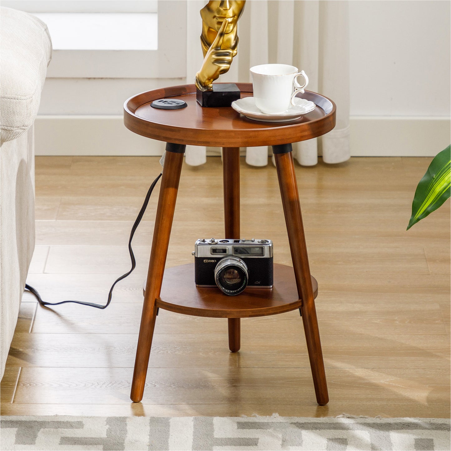 Forevich Small End Table with Charging Station Round Side Table with USB Ports 2-Tier Storage Shelf Solid Bamboo Wood Nightstand for Living Room Bedroom