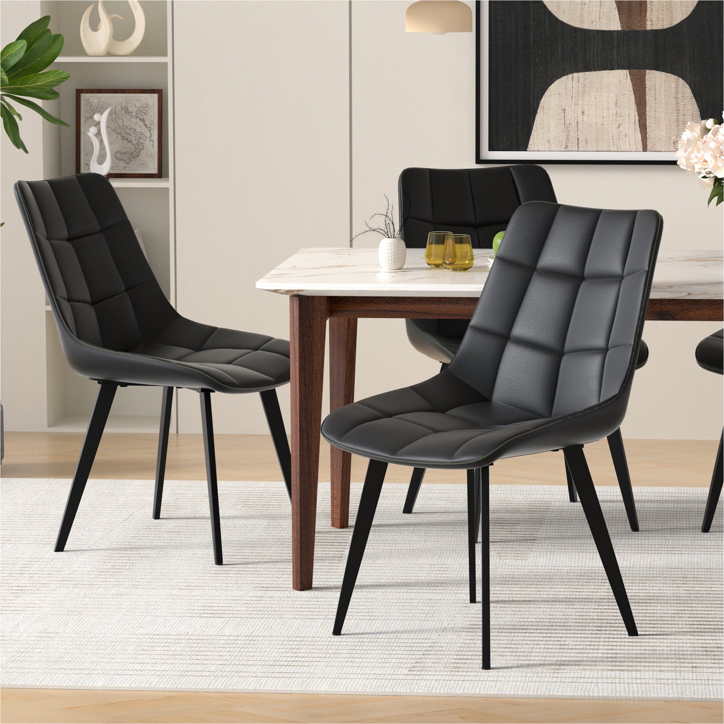 Forevich Leather Dining Chairs Set of 2,Mid Century Modern Upholstered Chair,Checkered Pattern Kitchen & Dining Room Chairs Set of 4 Armless with Black Metal Legs for Bedroom