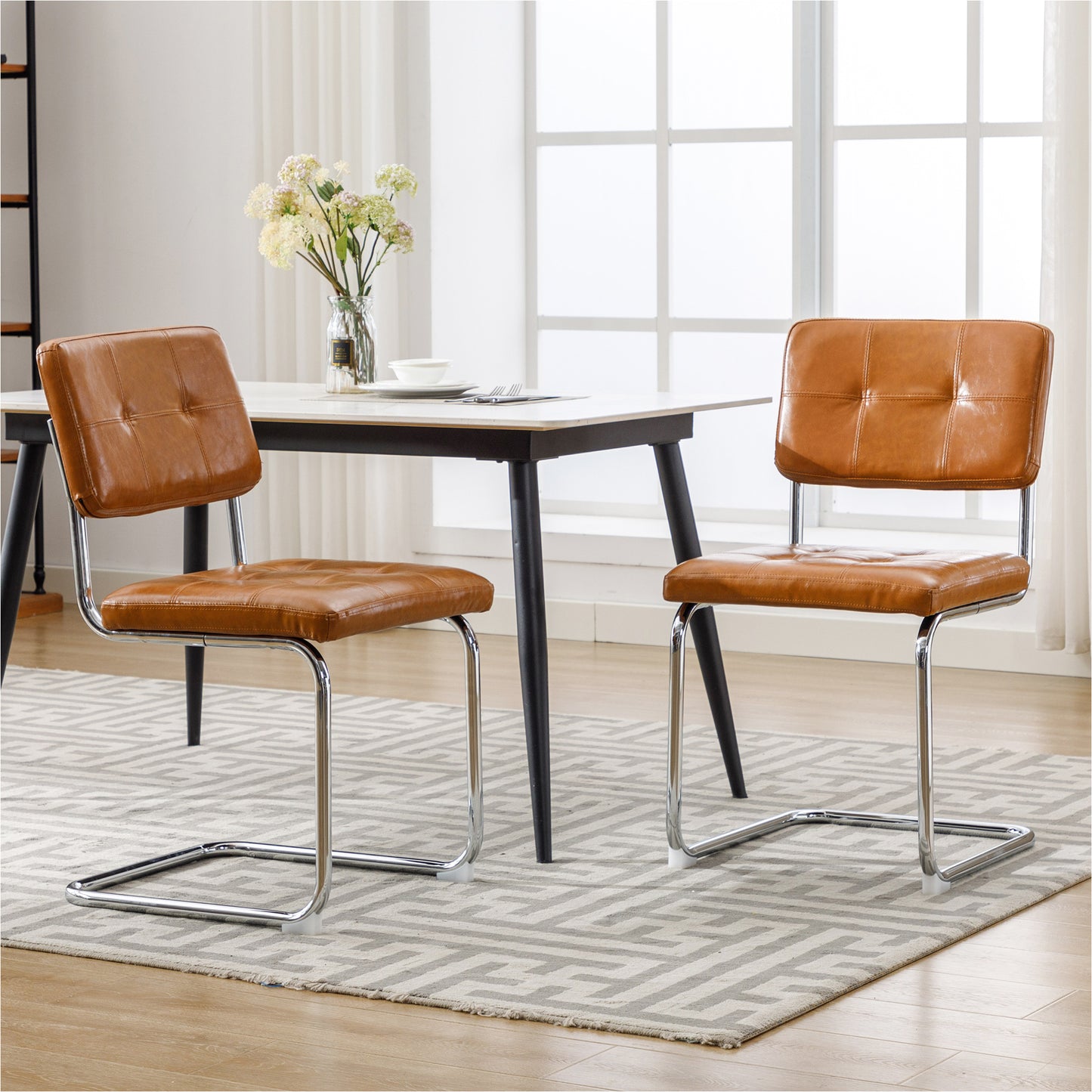 Forevich Mid Century Modern Dining Chairs Set of 2, Leather Kitchen Dining Room Side Chairs Upholstered Armless Accent Chairs with Metal Chrome Legs for Living Room, Bedroom