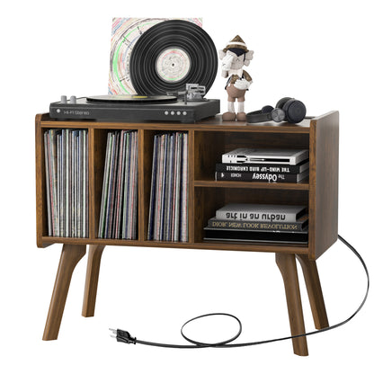 Forevich Large Record Player Stand Table, Turntable Vinyl Record Storage Holder with Power Outlet, Display Shelf Cabinet Holds Up to 220 Albums with Wood Legs for Living Room, Bedroom