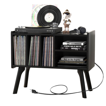 Forevich Large Record Player Stand Table, Turntable Vinyl Record Storage Holder with Power Outlet, Display Shelf Cabinet Holds Up to 220 Albums with Wood Legs for Living Room, Bedroom