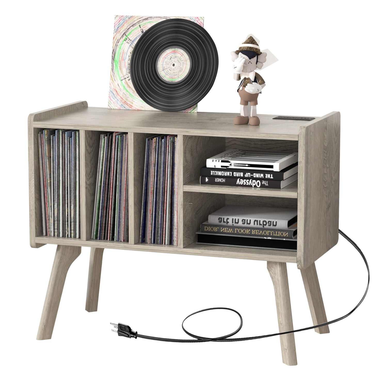 Forevich Large Record Player Stand Table, Turntable Vinyl Record Storage Holder with Power Outlet, Display Shelf Cabinet Holds Up to 220 Albums with Wood Legs for Living Room, Bedroom